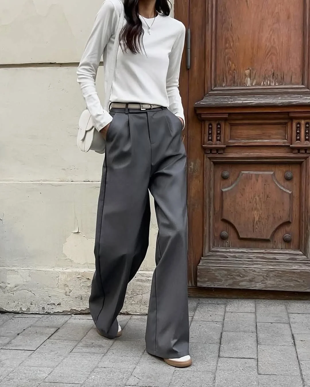 sophisticated chic fall outfits pants 2026 Wide-Leg Gray Trousers with Parisian Ease