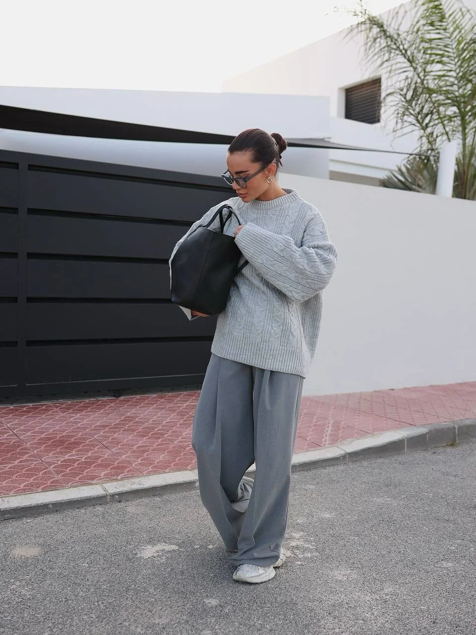 sophisticated chic fall outfits pants 2026 Oversized Knitwear and Relaxed Gray Trousers