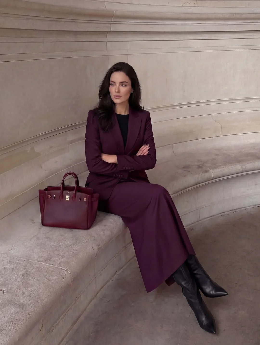 sophisticated elegant fall office outfits 2026 Rich Burgundy Suiting for a Confident Season