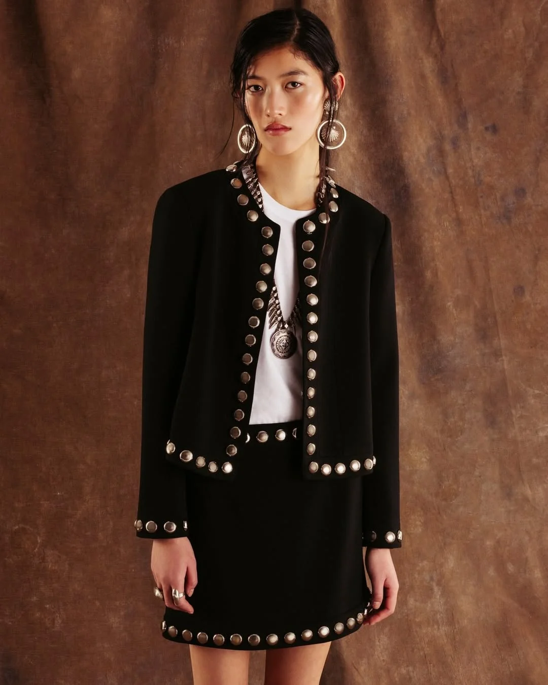 sophisticated elegant fall office outfits 2026 Statement Studded Tailoring with Quiet Confidence