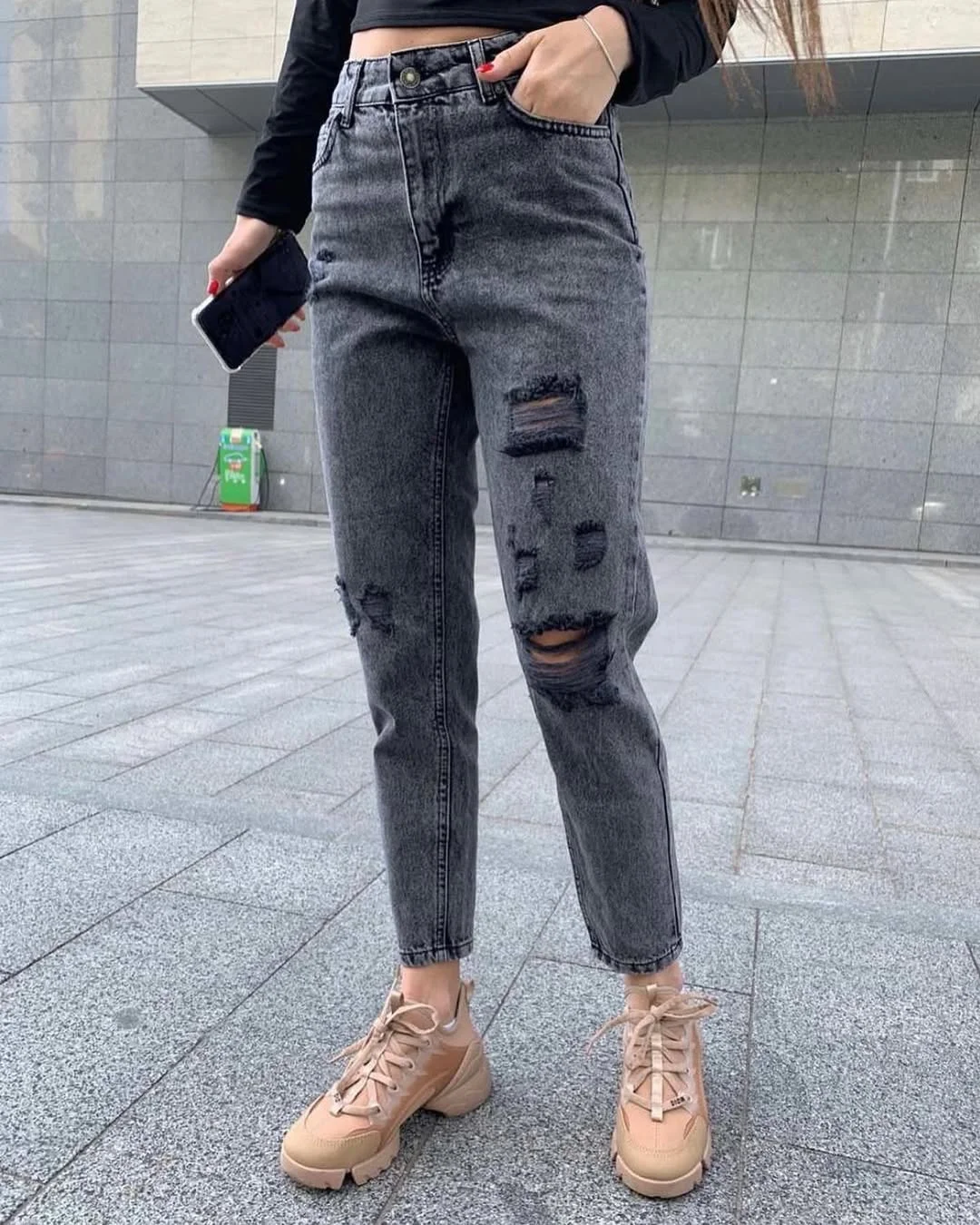 stylish fall outfits with jeans and sneakers 2026 Distressed Charcoal Denim for an Edgy Weekend Mood