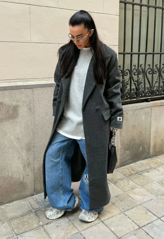 stylish fall outfits with jeans and sneakers 2026 The Oversized Coat and Denim Combination