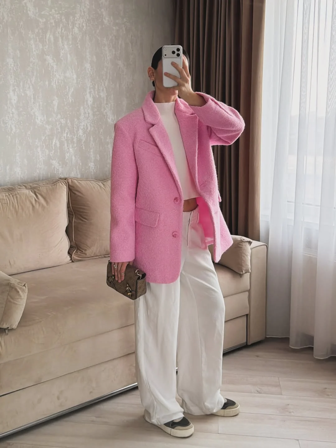 stylish fall work outfits 2026 Cozy Pink Texture With Wide Leg Trousers
