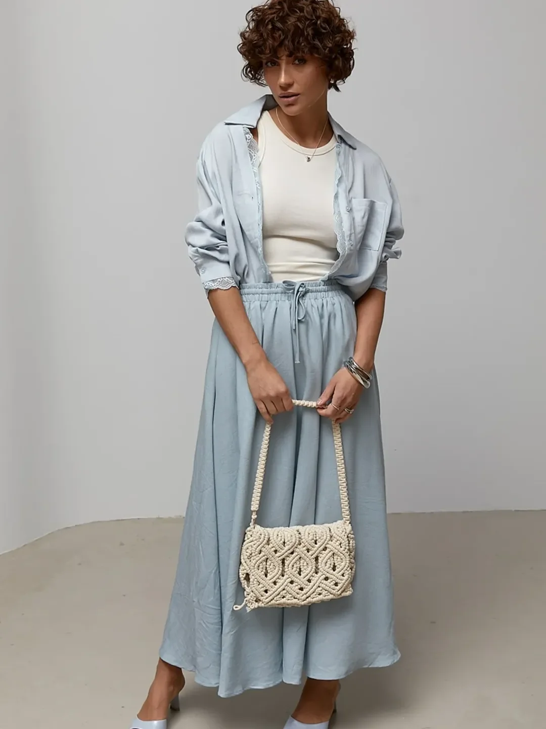 stylish fall work outfits 2026 Soft Blue Layers with Relaxed Sophistication
