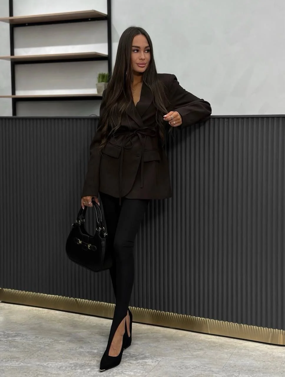 stylish fall work outfits 2026 Dark Tailored Blazer With Black Pants