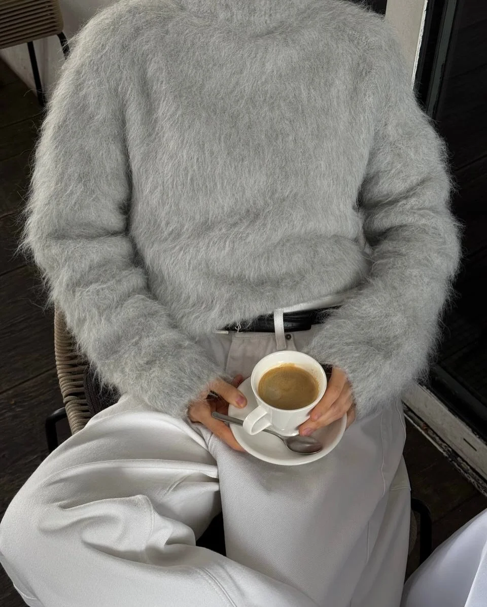 trendy fall outfits with sweater 2026 The Fuzzy Gray Sweater That Makes Minimalism Feel Warm