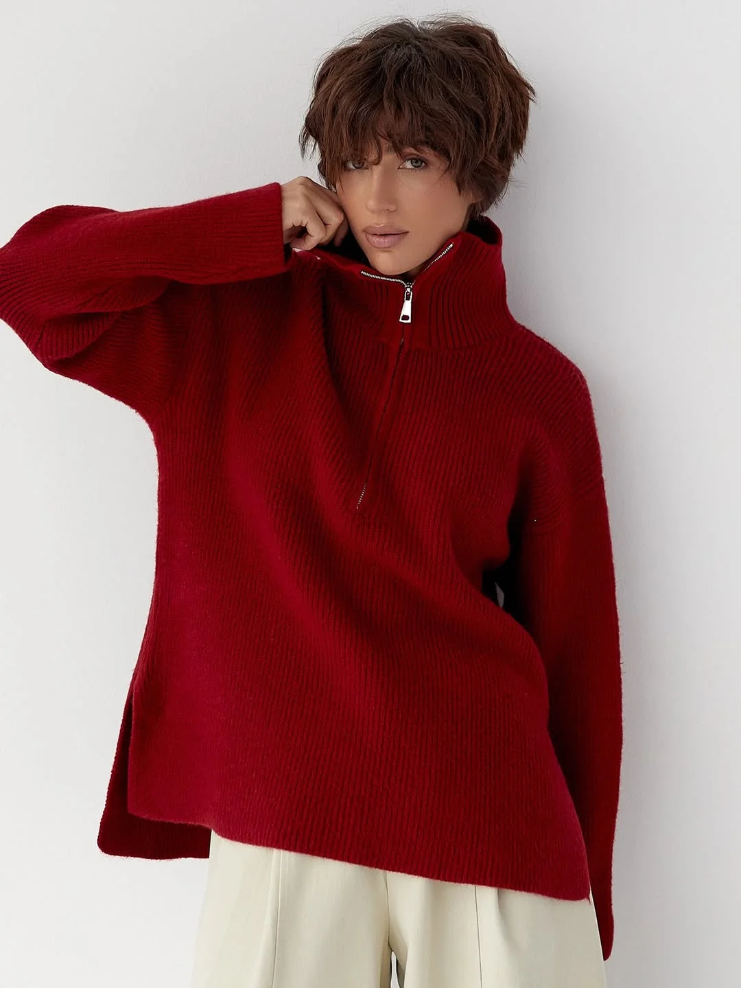 trendy fall outfits with sweater 2026 Red Statement Knit For Cold Weather Confidence