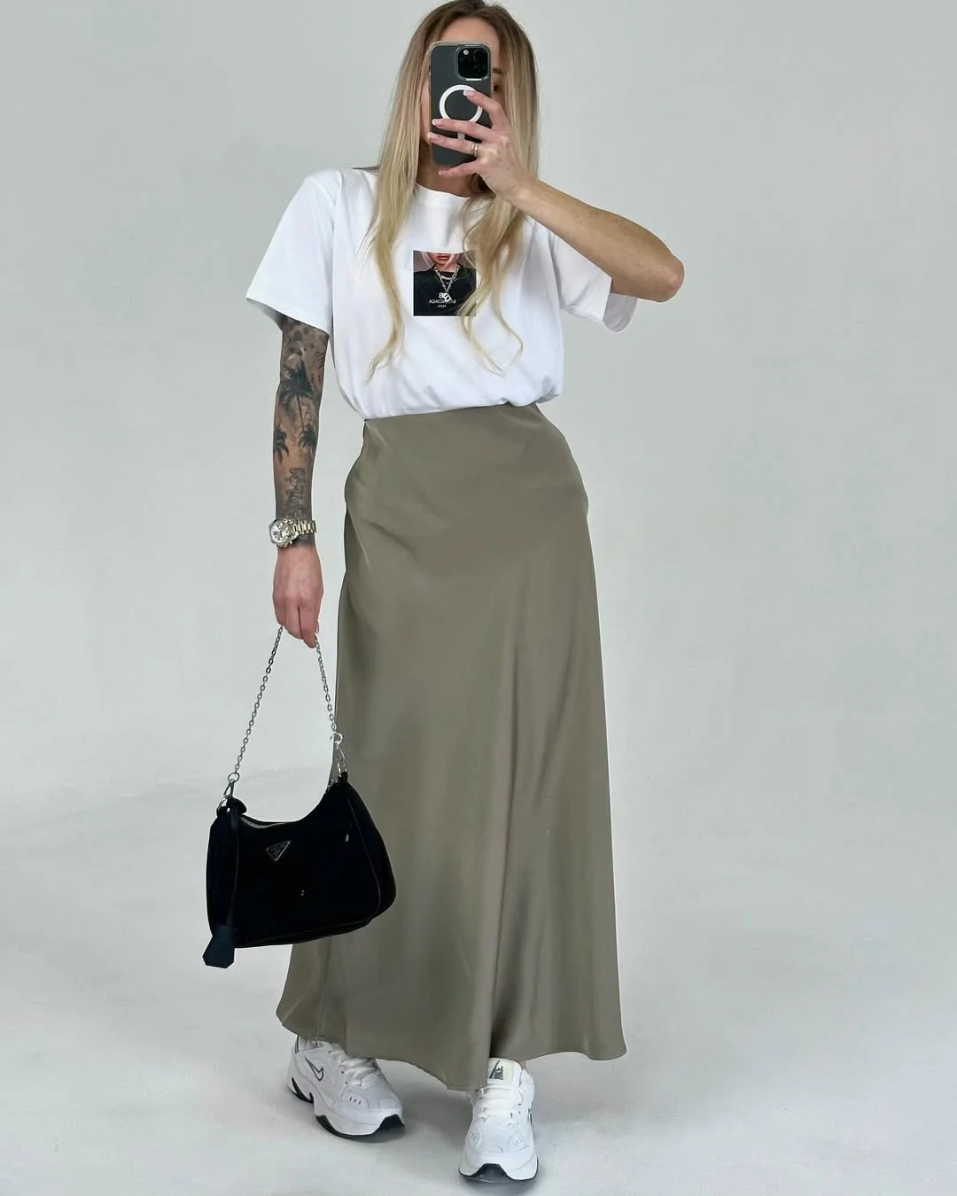 trendy fall skirt and sneakers outfits 2026 Silky Olive Tones and Sporty Comfort