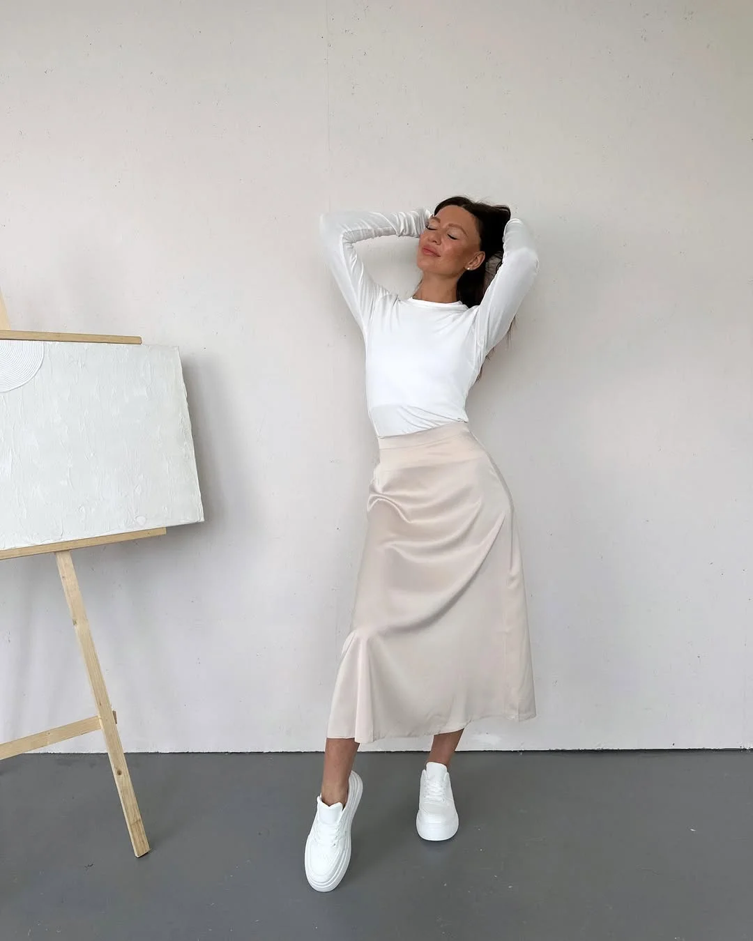 trendy fall skirt and sneakers outfits 2026 Minimalist Satin Skirts and Crisp White Sneakers