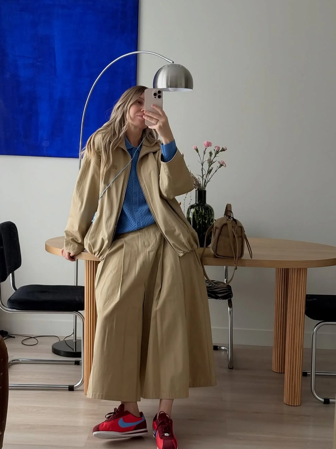 trendy fall skirt and sneakers outfits 2026 Tailored Neutrals with an Unexpected Pop of Color