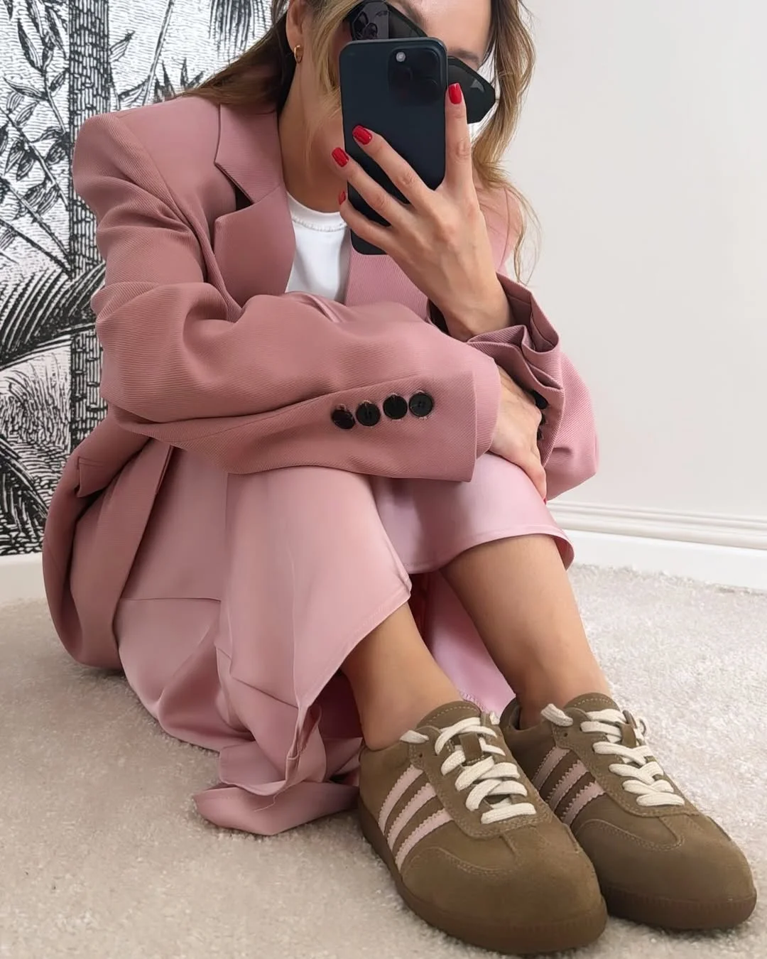 trendy fall skirt and sneakers outfits 2026 Blush Tailoring with Retro Sneakers