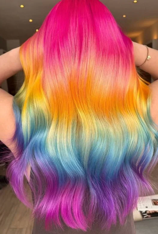 trendy july hair colour ideas 2026 Rainbow Prism Hair for Maximum Summer Fun