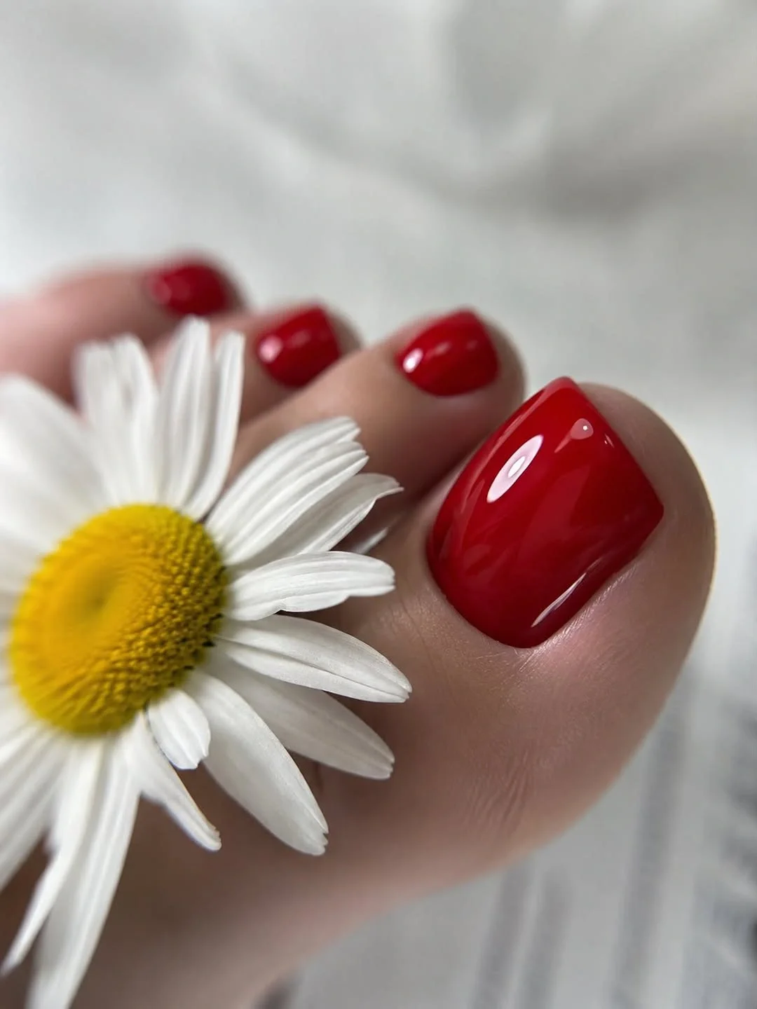 august pedicure nails ideas 2026 Classic Cherry Red Pedicure