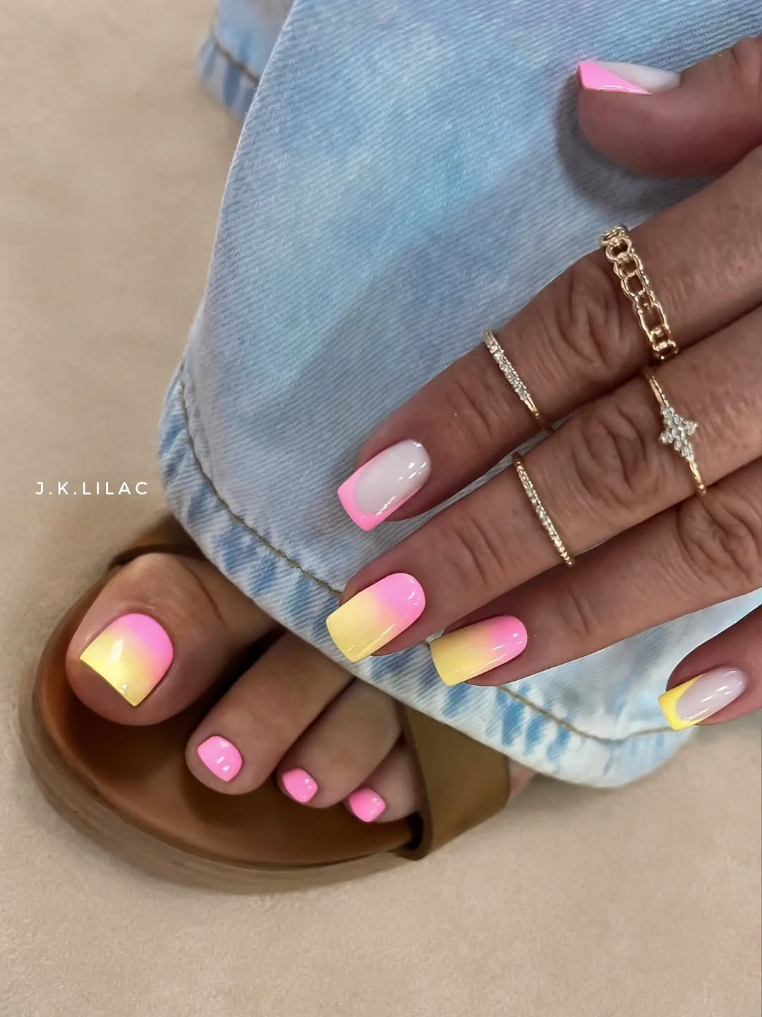 august pedicure nails ideas 2026 Pink And Yellow Sunset Pedicure