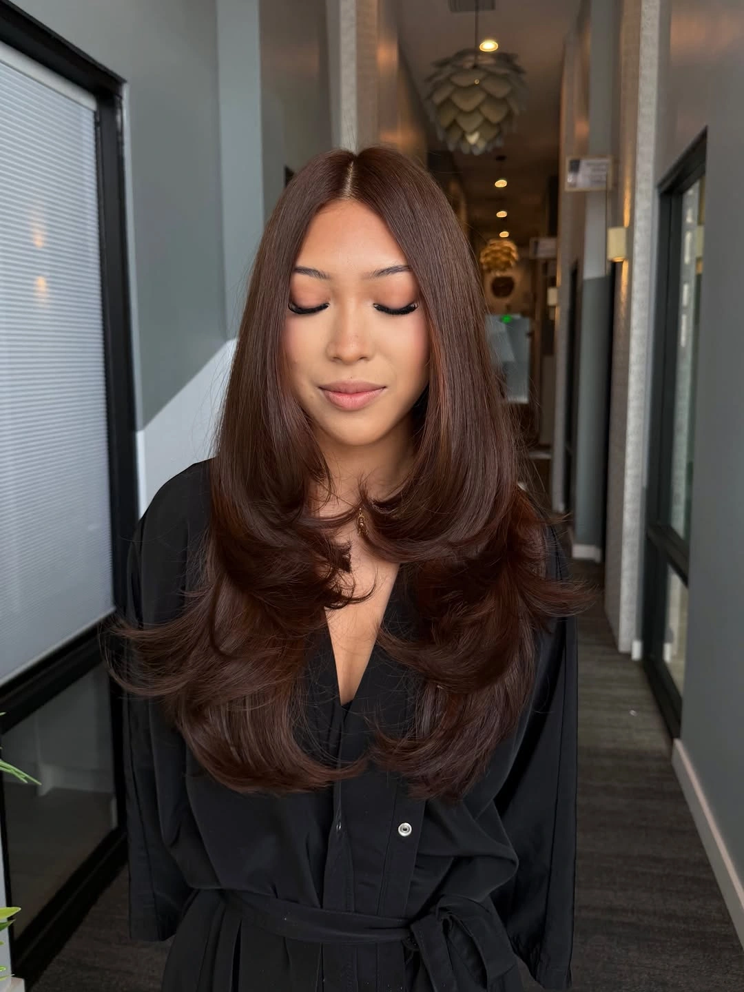 beautiful chestnut brown hair color Medium Chestnut With Bouncy Curtain Layers