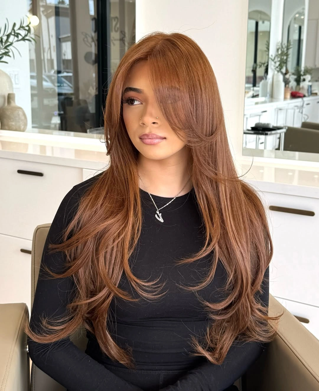 beautiful chestnut brown hair color Golden Chestnut With Feathered Length