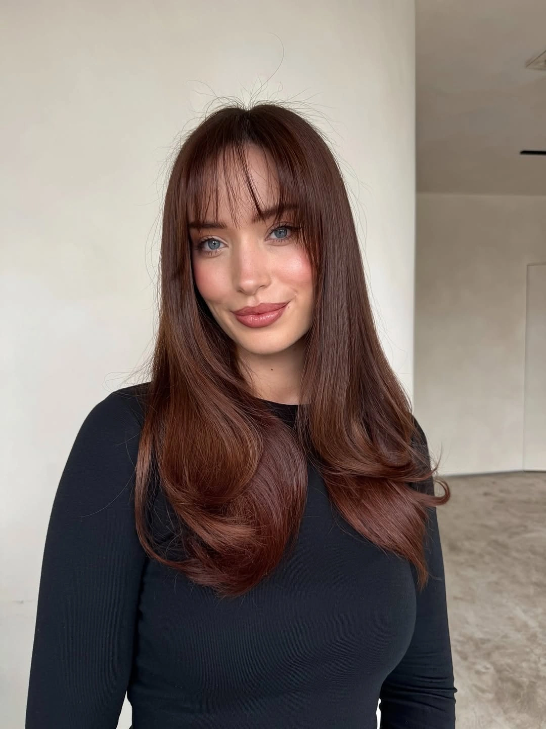 beautiful chestnut brown hair color Soft Chestnut With Wispy Curtain Bangs