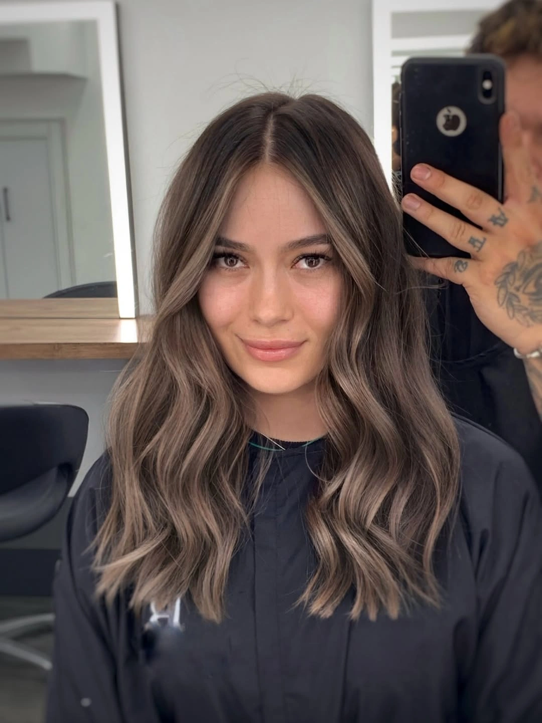 beautiful fall hair colour ideas 2026 Smoky Mushroom Brunette with Soft Face-Framing Ribbons