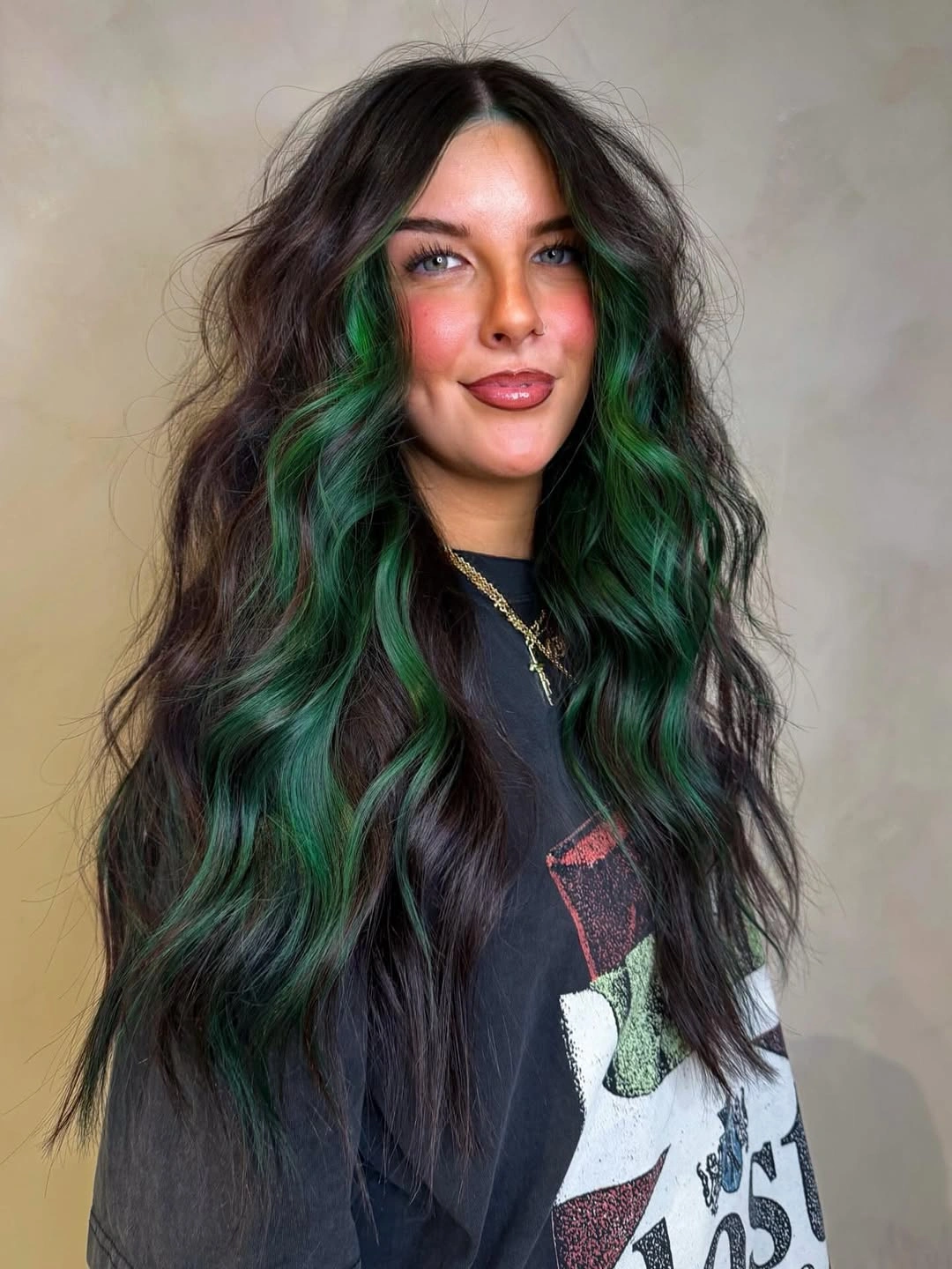 beautiful fall hair colour ideas 2026 Emerald Green Ribbons on Dark Brunette Hair