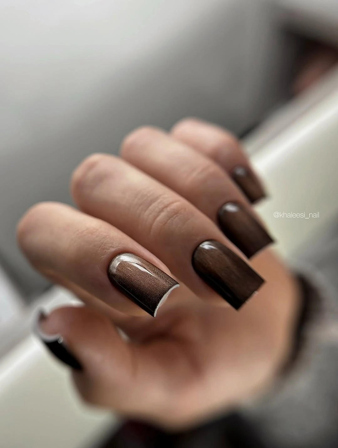 beautiful fall manicure 2026 Smoky Brown Chrome French With a Modern Twist