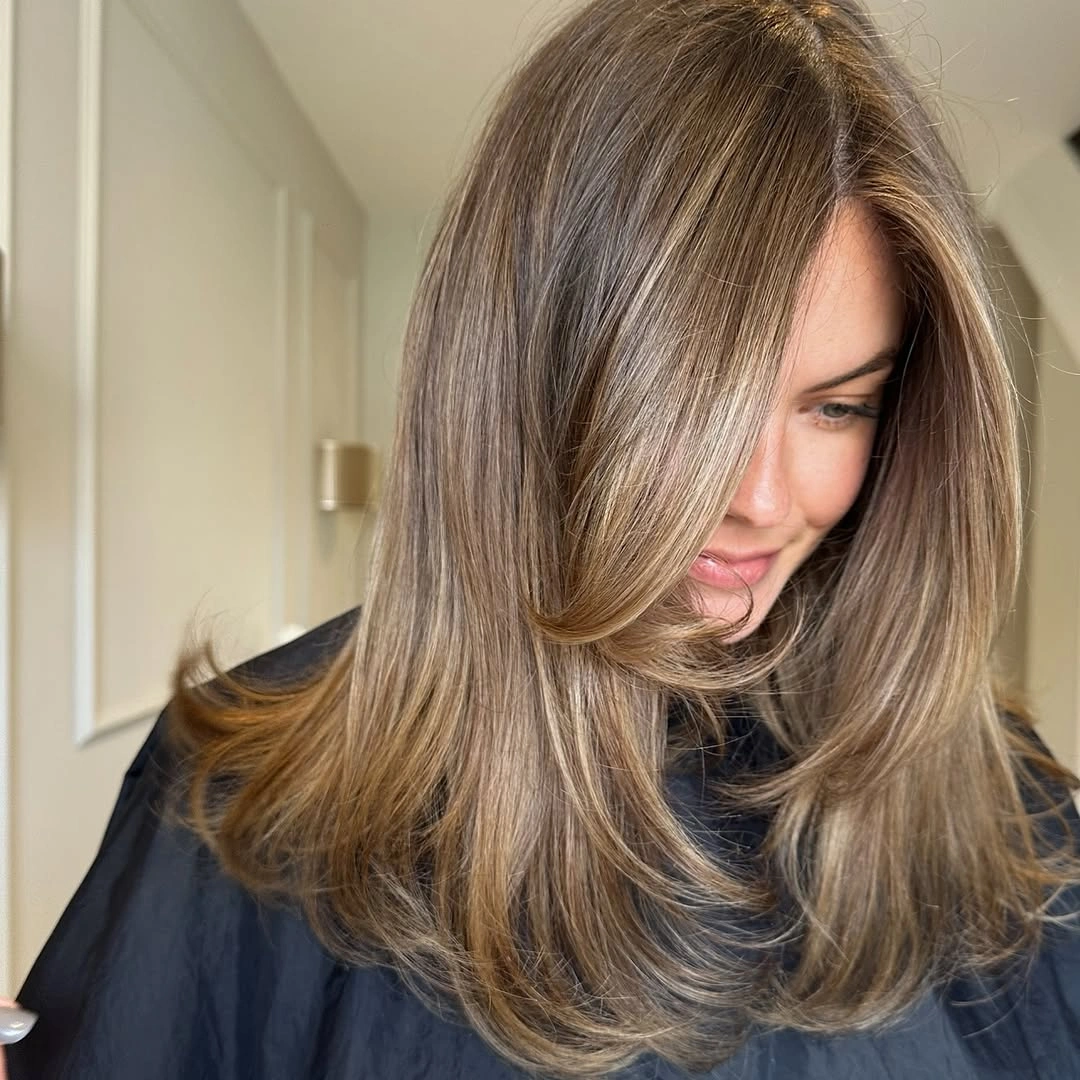 beautiful full head babylights blonde on brown hair Silky Beige Layers with Invisible Blonde Ribbons