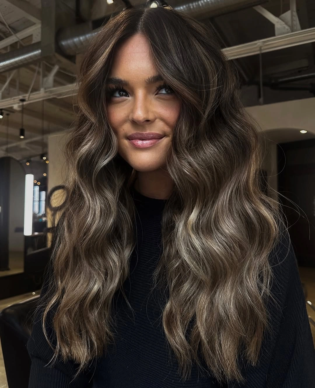 beautiful full head babylights blonde on brown hair Soft Mocha Waves with Delicate Blonde Dimension