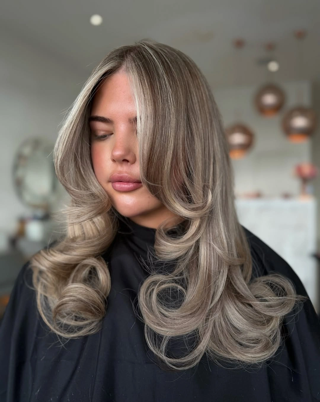 beautiful full head babylights blonde on brown hair Silvery Beige Blowout with Luxe Volume