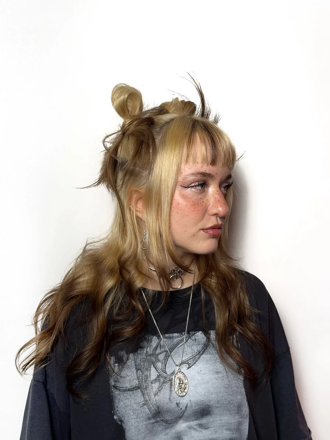 beautiful september hairstyles ideas 2026 Playful Half Up Space Buns With Two Tone Color