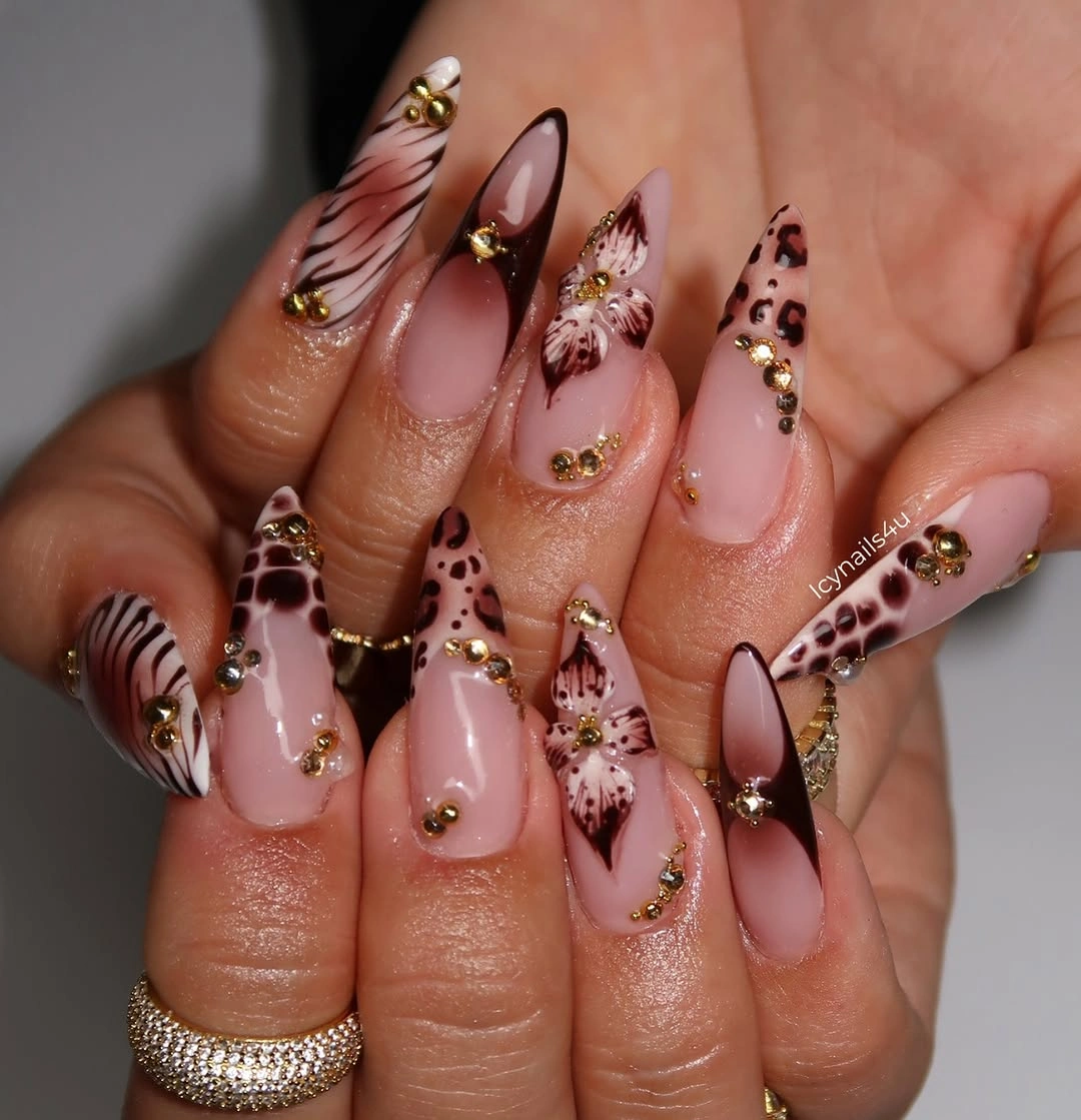 chic september nail art ideas 2026 Wild Prints with Chocolate French Details