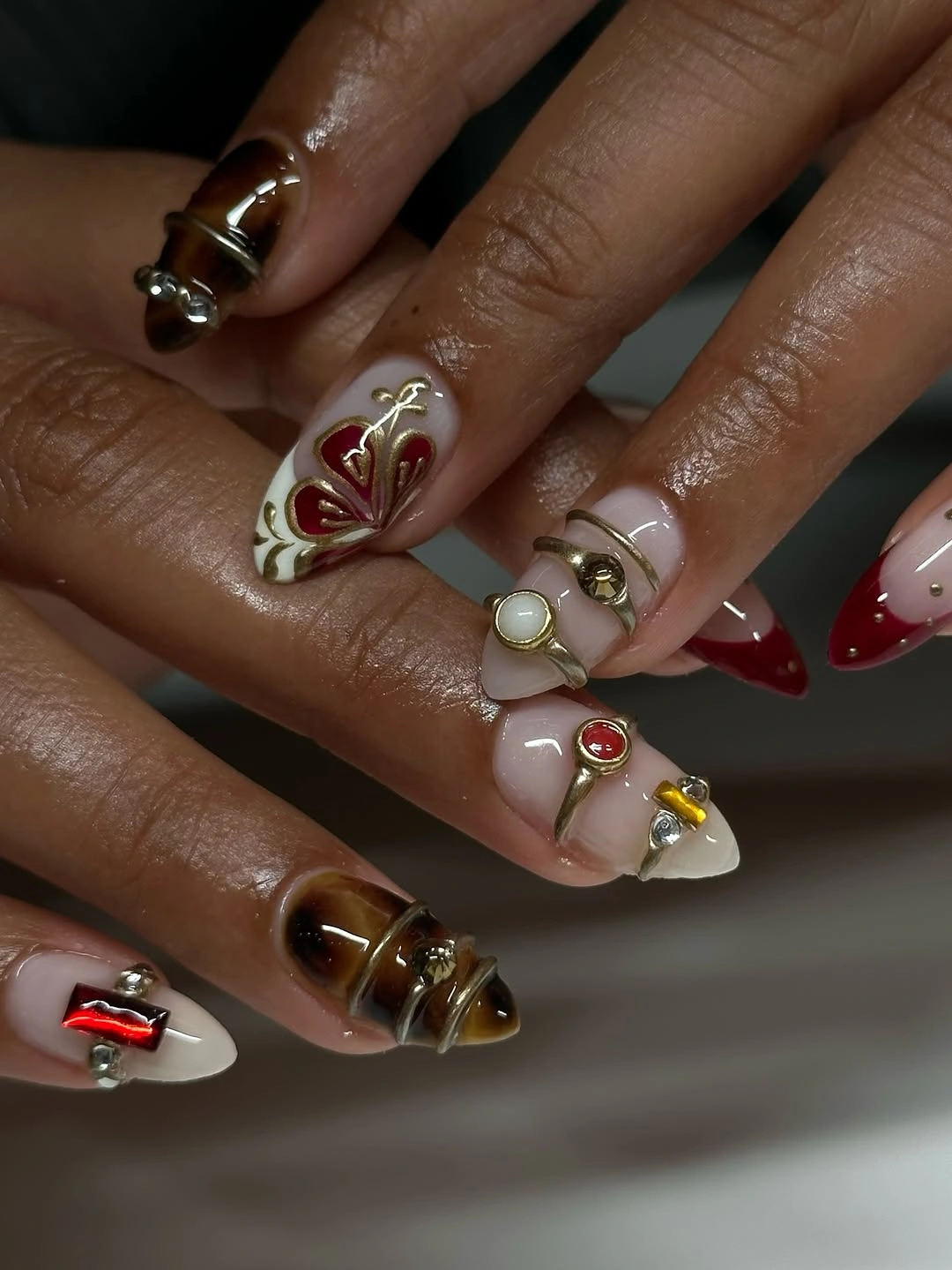 chic september nail art ideas 2026 Modern Burgundy Accents with Vintage Gold Details