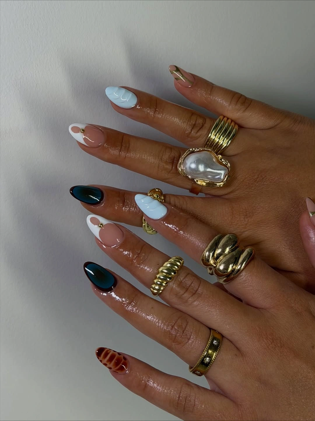 chic september nail art ideas 2026 Soft Blue and Deep Teal September Mix