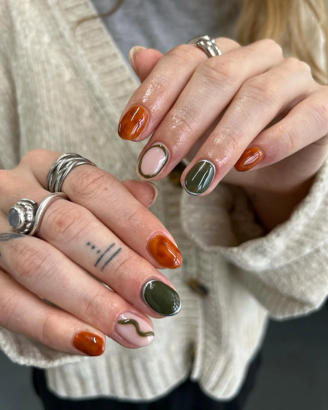 chic september nail art ideas 2026 Minimal Olive and Amber Nails That Feel Effortlessly Modern