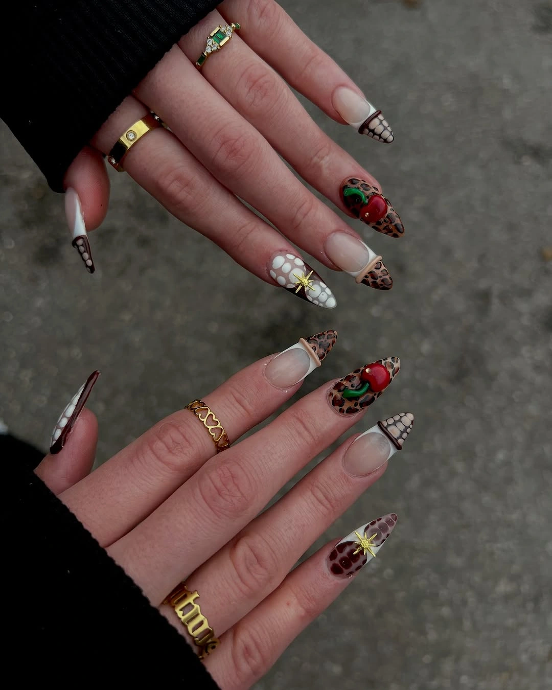 chic september nail art ideas 2026 Statement Almond Nails with Animal Print and Cherry Details