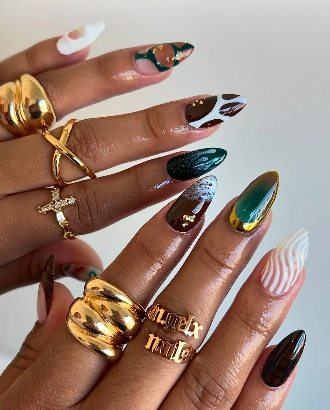 chic september nail art ideas 2026 Luxury Green and Brown Statement Nails