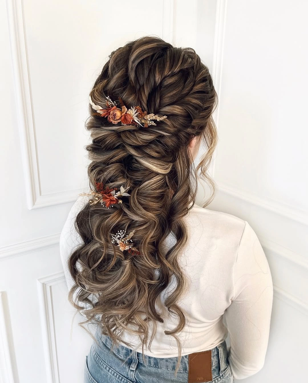 fall hairstyles for long hair 2026 Romantic Twisted Half-Up Style With Autumn Florals