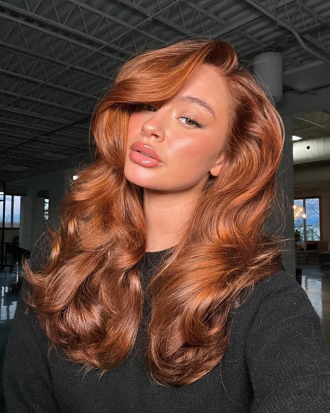 fall hairstyles for long hair 2026 Voluminous Copper Blowout With Modern Glamour