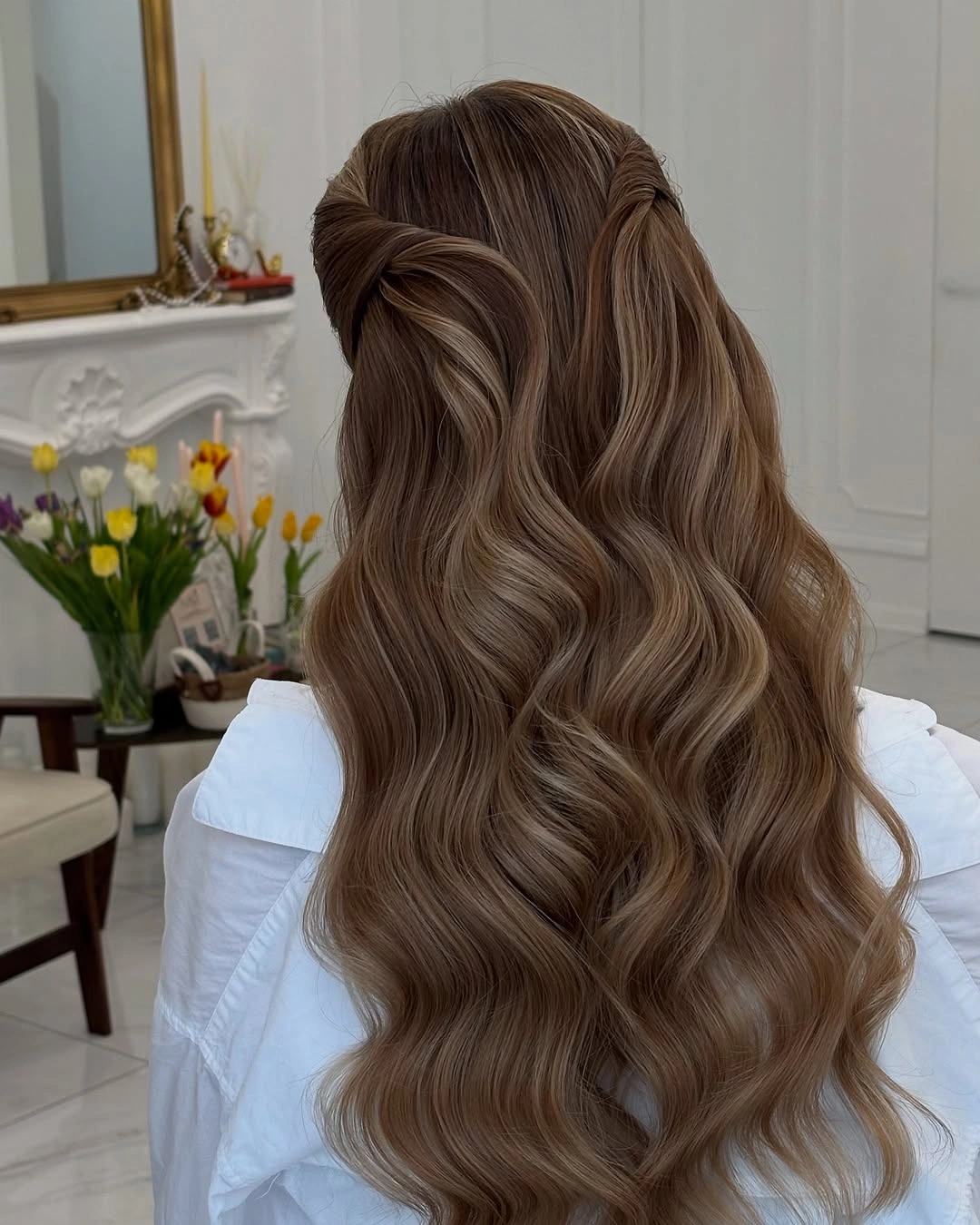 fall hairstyles for wedding guests 2026 Soft Twisted Half-Up Waves That Feel Effortlessly Romantic