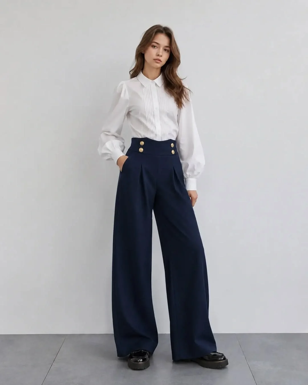 fall outfits wide leg trousers 2026 High-Waisted Navy Trousers With Modern Academic Charm