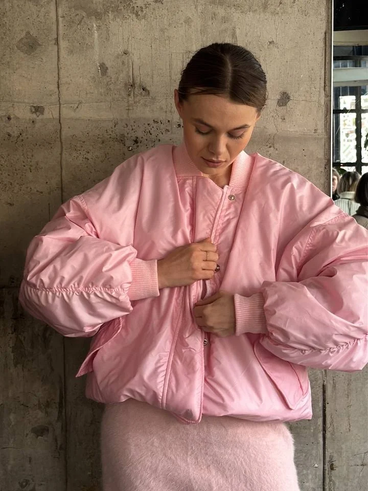 fall outfits with bombers 2026 Pink Bombers Bring Playful Energy Into Fall