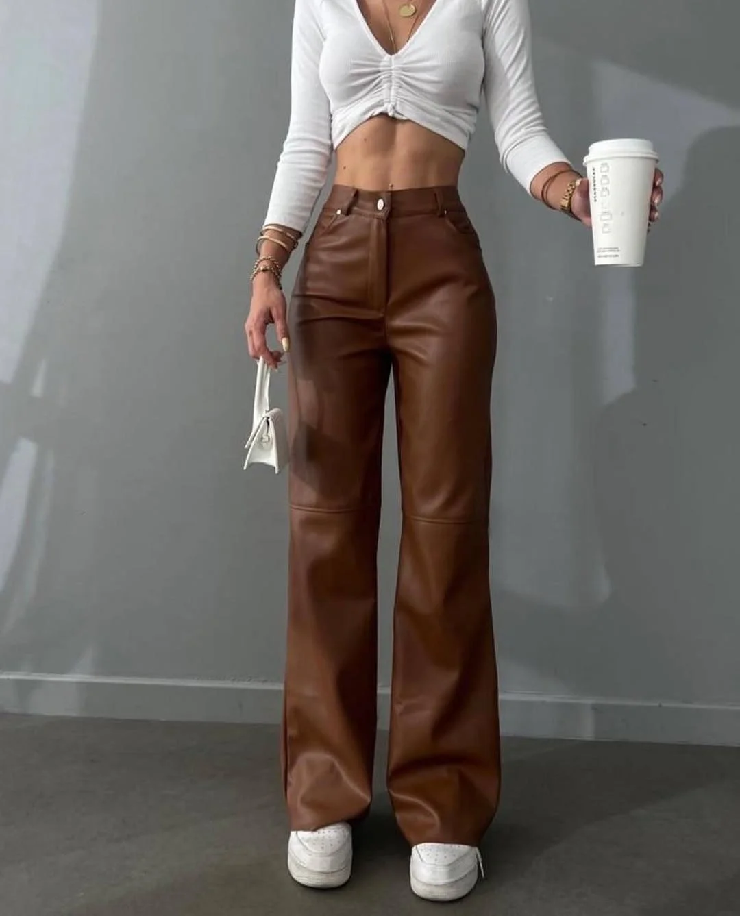 fall outfits with Leather pants 2026 Cognac Leather Pants with a Soft White Cropped Top