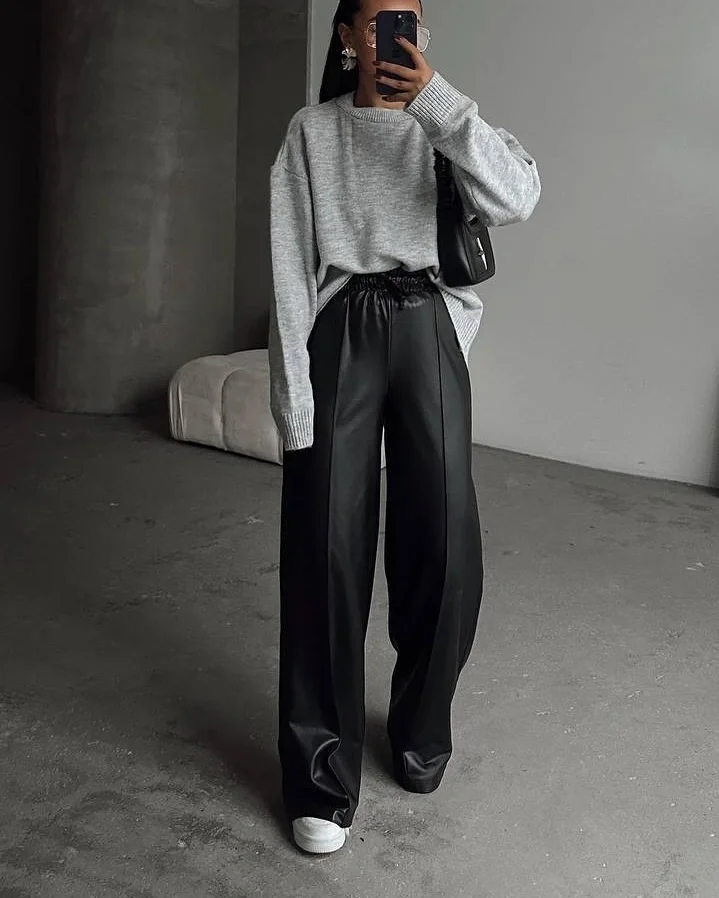 fall outfits with Leather pants 2026 Cozy Knitwear Meets Relaxed Leather Trousers