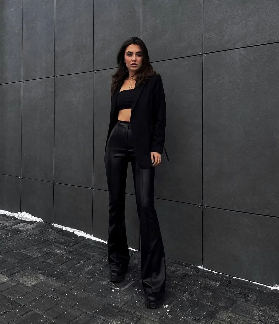 fall outfits with Leather pants 2026 Minimal Evening Style with Flared Leather Pants