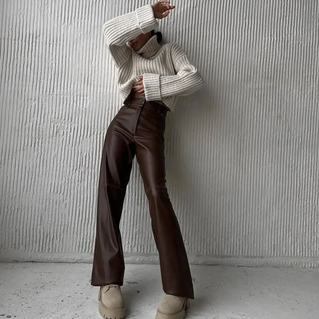 fall outfits with Leather pants 2026 Chocolate Leather Pants with a Chunky Turtleneck