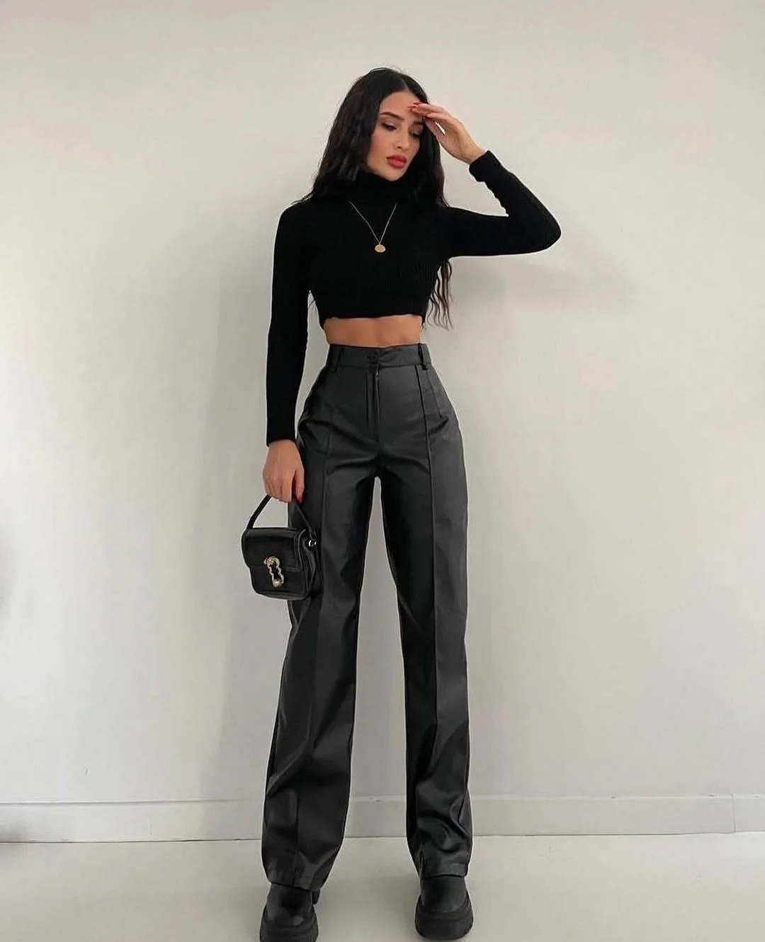 fall outfits with Leather pants 2026 Black Leather Pants with a Sleek Cropped Turtleneck