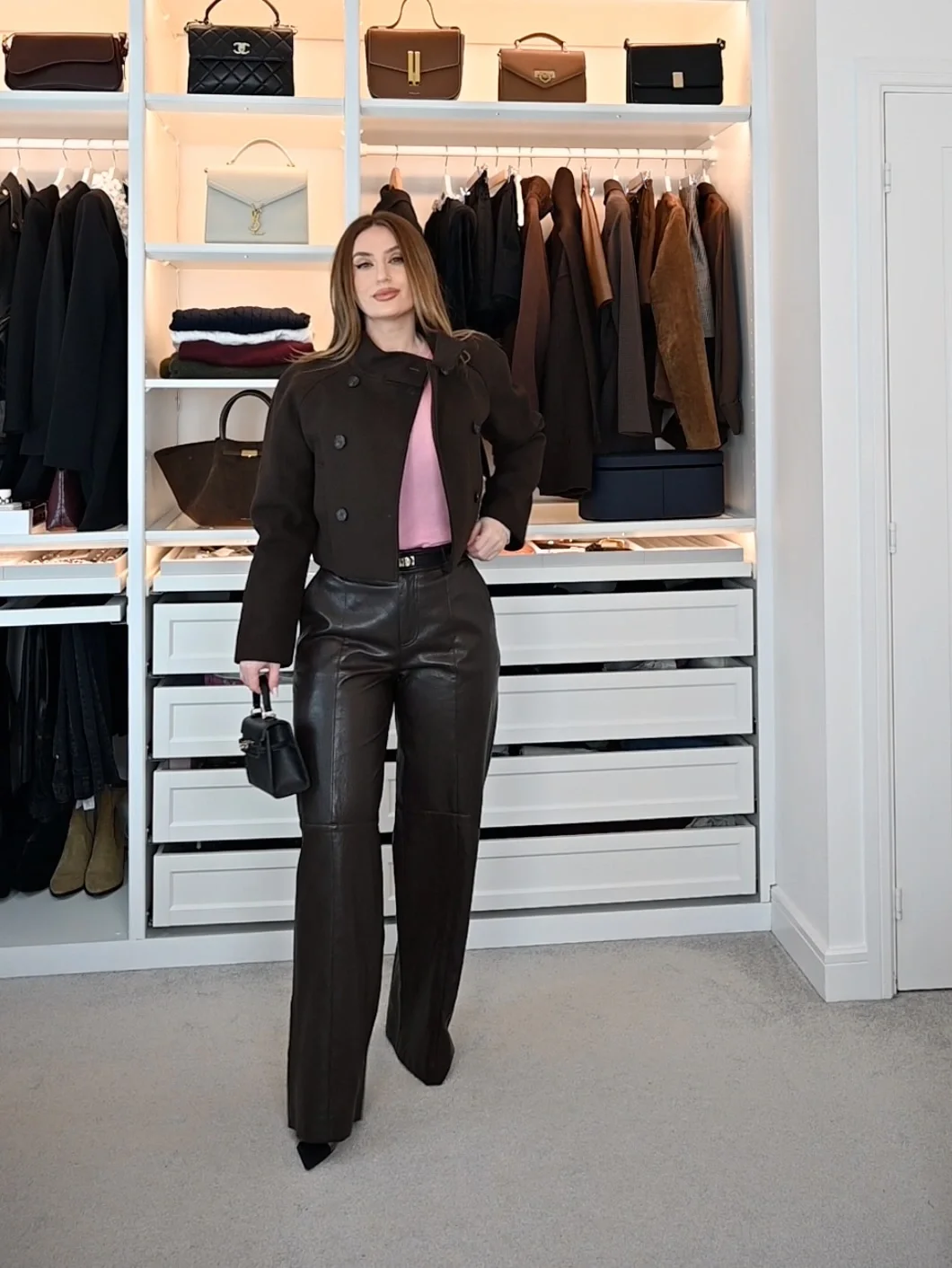fall outfits with Leather pants 2026 Tailored Brown Leather Pants Meet A Soft Feminine Accent