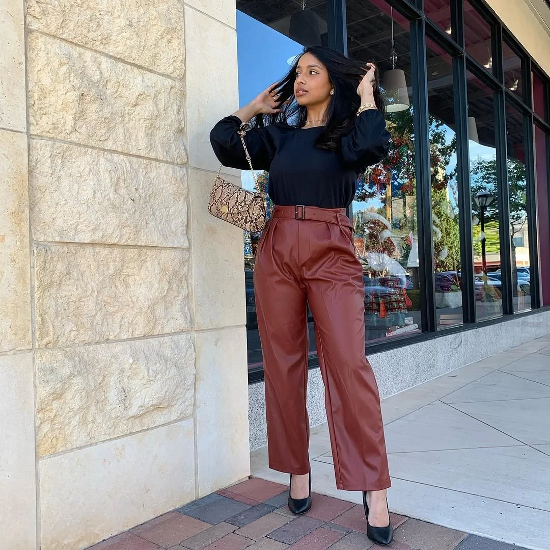 fall outfits with Leather pants 2026 Warm Burgundy Leather Pants For Elevated Everyday Style