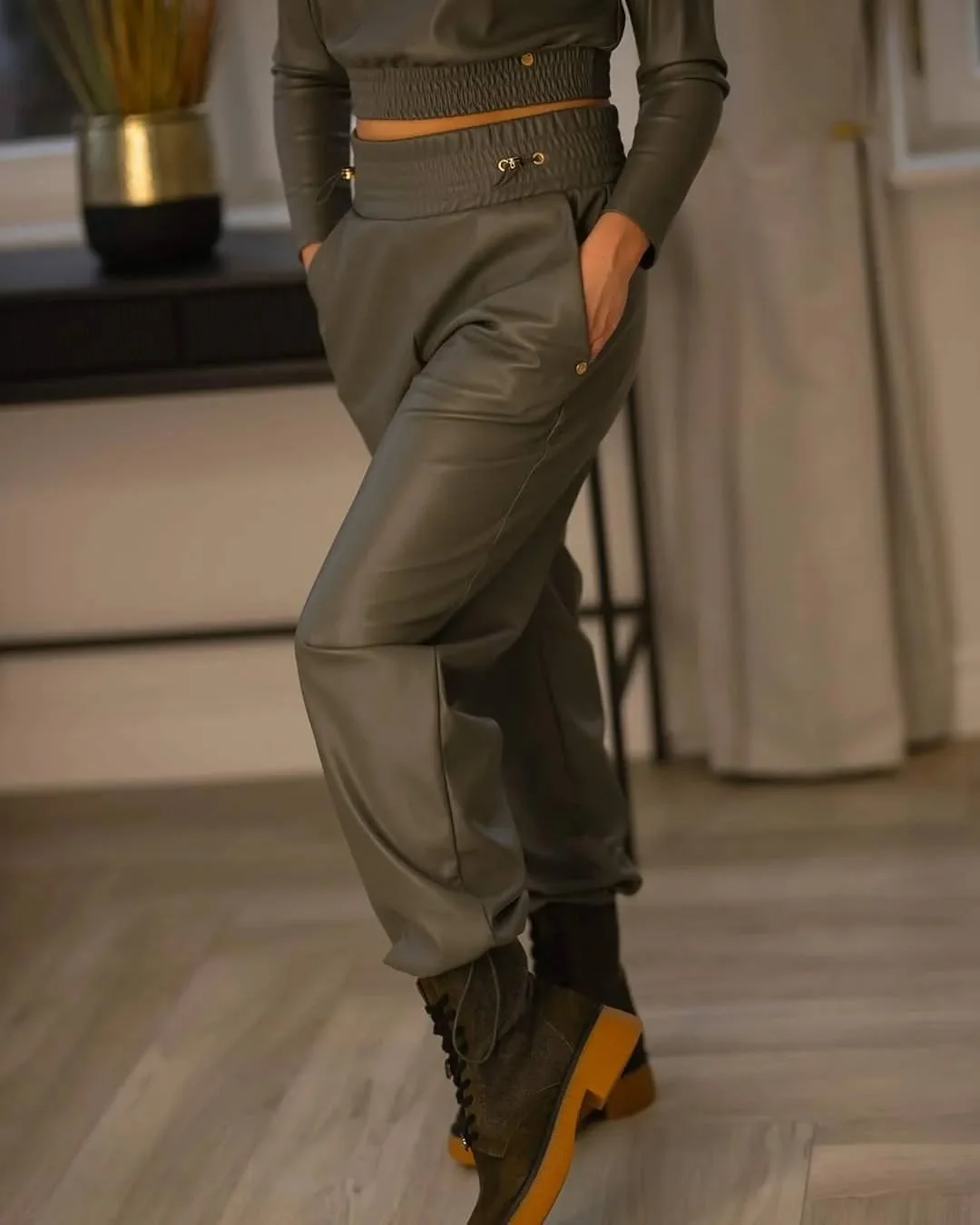 fall outfits with Leather pants 2026 Sporty Faux Leather Joggers For Casual Fall Days