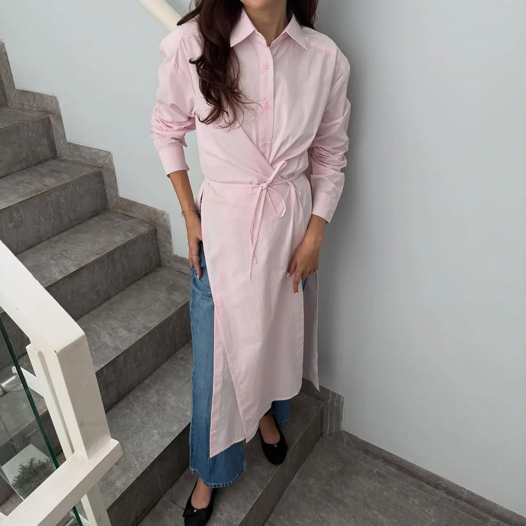 fall shirt dress outfit 2026 Soft Pink Layers With Relaxed Denim