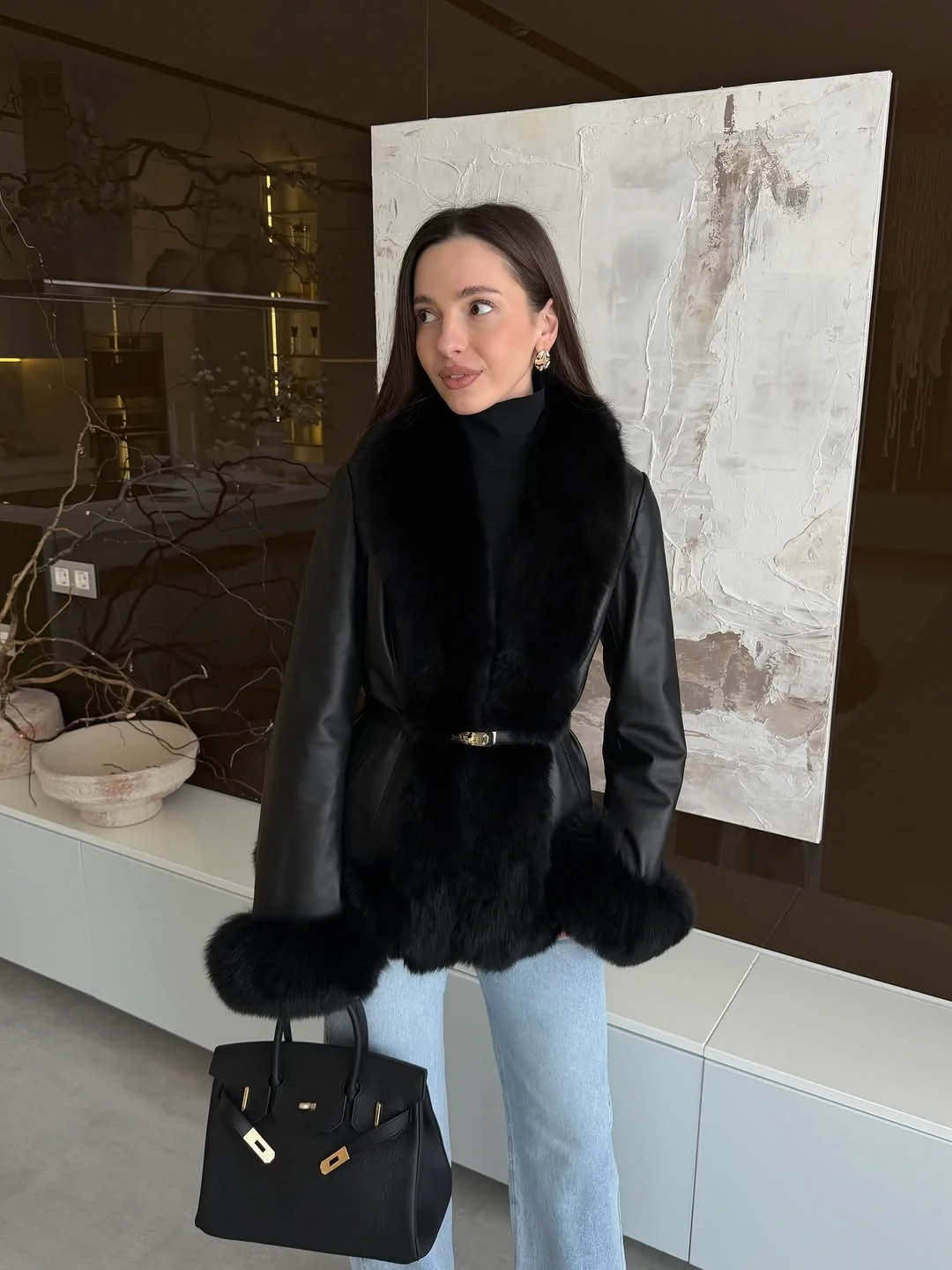 leather jacket outfits women 2026 Classy Long Leather Jacket With Luxe Fur Details