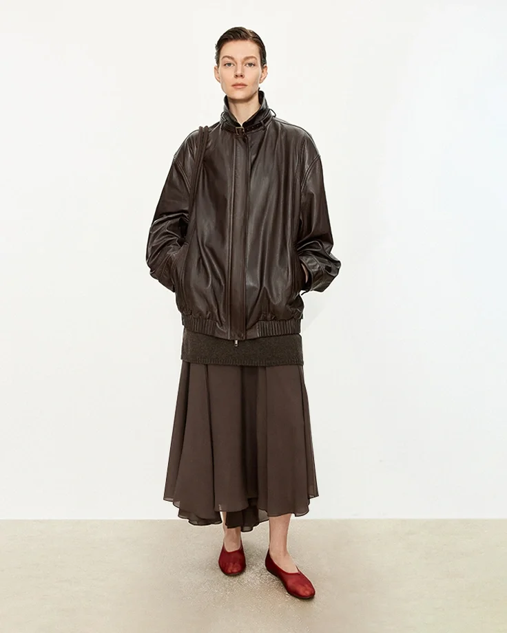 leather jacket outfits women 2026 Dark Brown Bomber With Cherry Red Flats